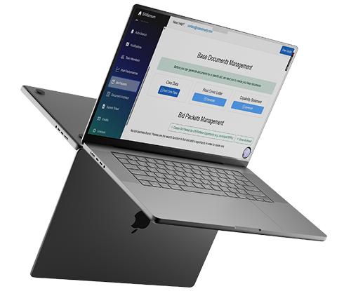Laptop with the SAMstream government contracting platform on screen, managing bid packets and base documents
