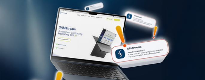 SAMstream contract alert notifications for new SAM.gov opportunities on a laptop